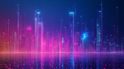 Poster - Abstract Digital Cityscape Neon Lights Glowing Pink Purple Blue Futuristic Modern Technology Network Lines City Skyline Urban Background Illustration Design Graphic art data grid night style image    