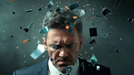 Poster - Overwhelmed businessman experiencing mental breakdown, depicting intense stress, burnout syndrome, nervous tension, and psychological crisis emerging from workplace pressures