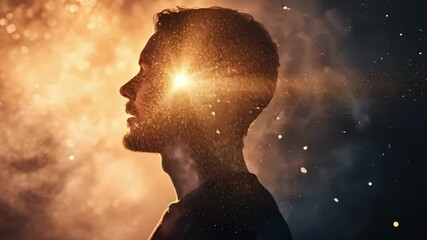 Poster - Luminous particles radiating from human silhouette, visualizing inner mental energy and profound consciousness through mesmerizing light projection in dark background