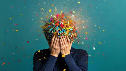 Poster - Colorful confetti explodes on a person's head, covering their face and hands as they react to the sudden burst of color and excitement against a vibrant teal background