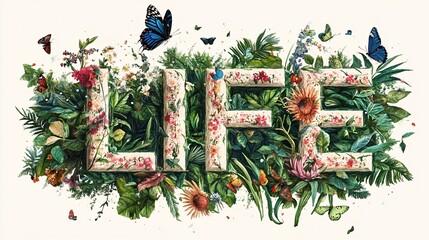 Aufkleber - Lush green leaves and colorful flowers are forming the word life, celebrating the beauty of nature and the joy of being alive
