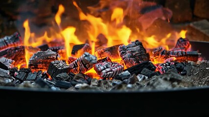 Poster - Vibrant Campfire Glowing Embers and Flames Dance Above Charcoal, Creating Warmth for Outdoor Cooking and Cozy Gatherings