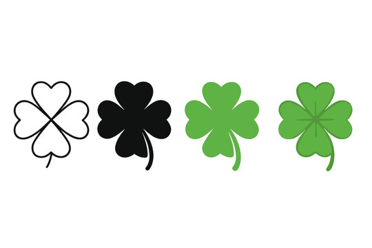 Vector icons of four-leaf clover sets are available in linear, silhouette, and flat styles