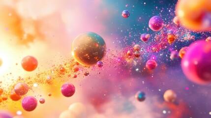 Poster - Vibrant digital fractal composition with floating particles in outer space, sci-fi themed