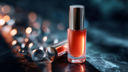 Poster - A glass nail polish bottle stands majestically with its vibrant hue, illuminated by gentle light. Surrounding it are shimmering beads that enhance the allure of the polished backdrop.