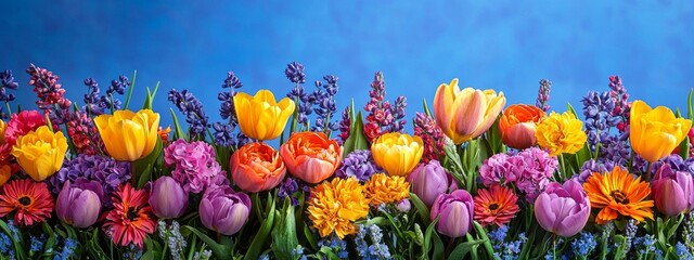 Poster - A stunning array of blossoms showcases tulips in various shades of yellow, orange, and pink, accompanied by lush wildflowers in a harmonious spring setting, creating a serene and cheerful atmosphere.