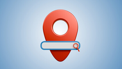 Fototapete - Search bar and GPS pins on soft blue background. Navigation concept for maps. Travel social media mobile app shipping. Map pin and search bar 3d illustration.