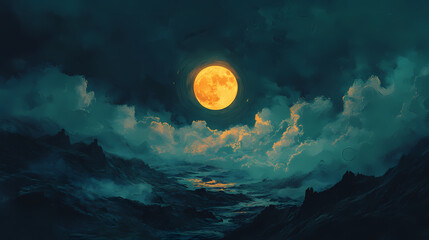 Wall Mural - A mystical night sky with a glowing full moon surrounded by drifting clouds, creating a magical and serene atmosphere in the natural landscape. Drifted Moon. Illustration