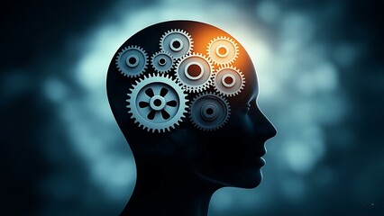 Poster - Silhouette of human head with internal gears on abstract blue and white background, representing thought process and mechanical intellect system