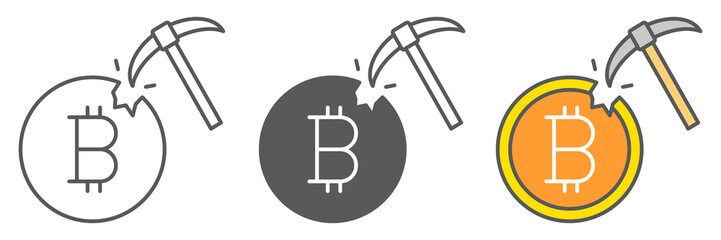Poster - Bitcoin mining icon collection, cryptocurrency and bitcoin, coin with pickaxe vector icon set, vector graphics, editable stroke outline sign, eps 10