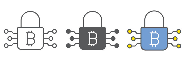 Poster - Bitcoin encryption icon collection, cryptocurrency and protection, bitcoin padlock vector icon set, vector graphics, editable stroke outline sign, eps 10