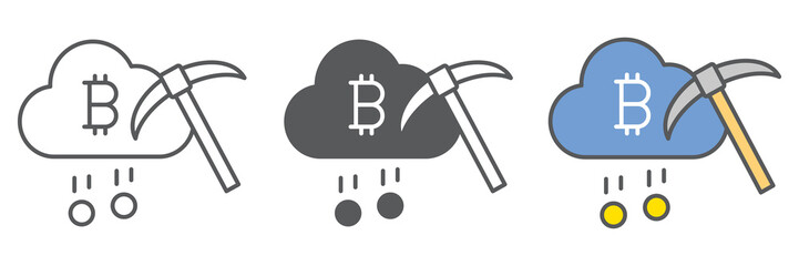 Poster - Cloud mining icon collection, cryptocurrency and bitcoin, cloud with pickaxe vector icon set, vector graphics, editable stroke outline sign, eps 10