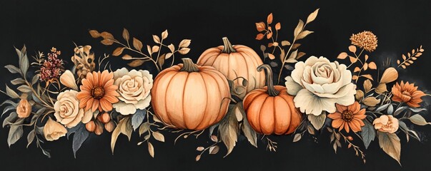 Wall Mural - Watercolor painting of pumpkins and white roses, evoking a festive autumn ambiance