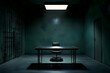 © Muhammad - Empty interrogation room bathed in stark, artificial light.