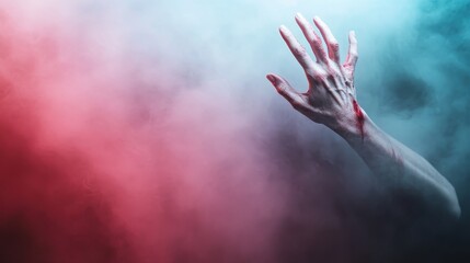 a visually captivating depiction of a hand emerging from colorful smoke, suggesting themes of curios