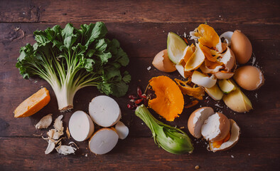 Poster - Pile of food waste sits on a wooden table, including an egg, a carrot, and a piece of broccoli