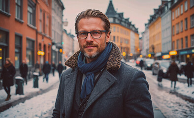 Poster - Man wearing a scarf and glasses stands on a snowy street. He is smiling and he is enjoying the winter weather. The scene is bustling with activity, with several other people walking around and cars