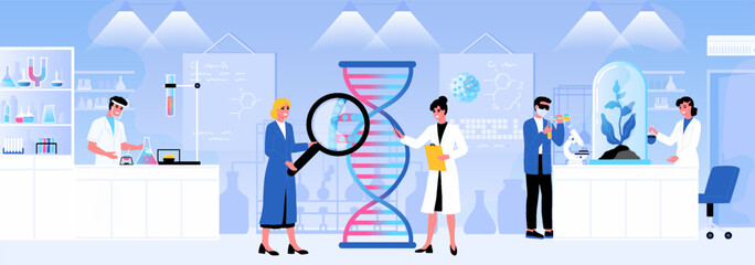 Aufkleber - Lab research. Medical laboratory scientist. Science experiment. Doctor looking at big DNA helix with magnifying glass. Biochemistry researcher. People study microbiology. Vector concept