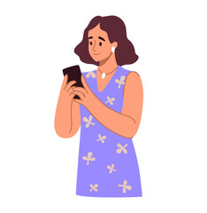 Poster - Woman hold smartphone. Girl chatting on phone. happy female character play mobile games, using application. Online communication. Technology addiction. Vector cartoon isolated illustration