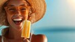 ©  Shomixer - A cheerful young woman enjoys a popsicle while basking under the warm sun, showcasing happiness, vitality, and a carefree summer spirit in a vibrant outdoor setting.