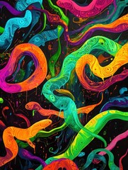 Poster - Vibrant Chromatic Streams: A Whimsical Abstract Composition on Dark Backdrop