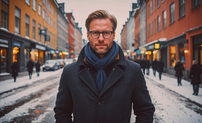 Poster - Man wearing a blue coat and scarf stands in the middle of a snowy street. He is wearing glasses and he is looking at the camera. The scene is set in a city with a mix of people walking around and cars