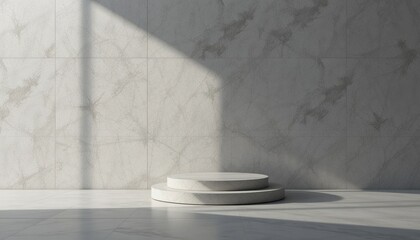 Poster - Minimalist circular display platform in elegant marble setting interior design showcase bright lighting contemporary style aesthetic appeal