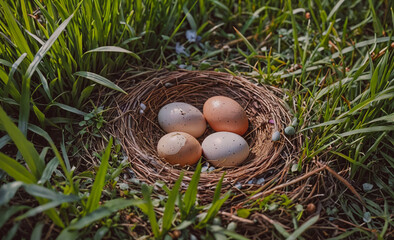 Poster - Nest of four eggs sits in the grass. The eggs are white and appear to be freshly laid. The nest is small and made of twigs and grass. The scene is peaceful and serene