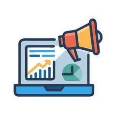 Poster - Laptop with Graph and Megaphone Icon Representing Data-Driven Marketing and Communication