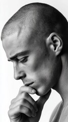 Aufkleber - A young man with a shaved head gazes downwards, lost in contemplation. His hand rests on his chin, showcasing an expression of seriousness and intensity against a stark, neutral background.