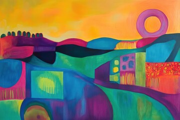 Poster - Abstract landscape painting with vibrant colors and geometric shapes under a yellow and orange sky art