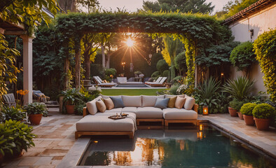 Poster - Large patio with a pool and a gazebo. The patio is filled with furniture and plants