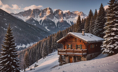 Poster - Cabin in the woods with a view of mountains. The cabin is surrounded by trees and snow