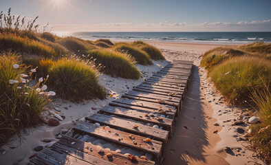 Poster - Wooden boardwalk leads to the beach. The boardwalk is lined with tall grass and rocks. The beach is calm and peaceful, with the sun shining brightly in the sky