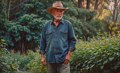 Aufkleber - Man wearing a cowboy hat and blue shirt is standing in a lush green forest. The scene is calm and tranquil, with the man taking in the beauty of nature around him. The forest is filled with tall trees