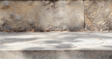 Fototapete - leaves and trees shadows in sunny day with sunlight on stone concrete surface podium table step mock up. Sunlight shadows highlights display design abstract empty place shelf and tabletop