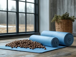 Aufkleber - A Yoga Mat Lying on a Wooden Floor in Front of a Window