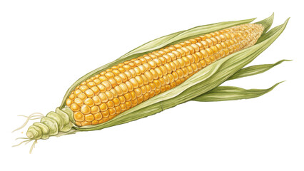 Poster - illustration of vibrant yellow corn cob with green husks, showcasing detailed kernels and natural appearance. image highlights fresh and organic quality of corn