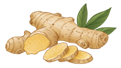 Poster - Fresh ginger root with slices and green leaves, showcasing its natural texture and earthy tones. illustration highlights spice culinary and medicinal uses