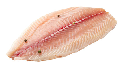 Poster - Raw tilapia fish fillet with skin, displayed on transparency background. fillet is fresh, showcasing light pink color with visible texture and few peppercorns for garnish