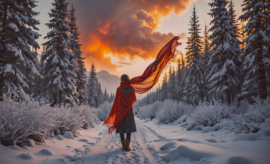 Poster - Woman stands in the snow with a red scarf around her neck. The sky is orange and the trees are bare. The scene is peaceful and serene