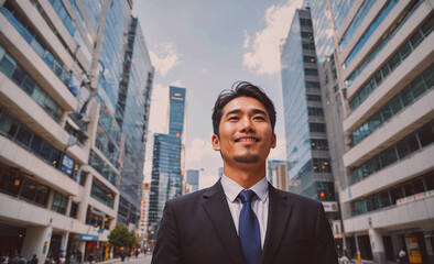 Poster - Man in a suit and tie stands in front of a tall building, smiling. Concept of confidence and success, as the man is proud of his appearance and his accomplishments. The setting of the image