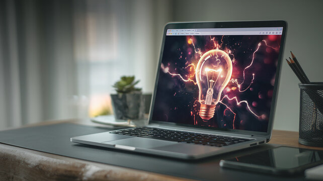 Laptop screen displays a glowing lightbulb image, surrounded by energy sparks, symbolizing ideas, innovation, and inspiration in a modern workspace setting