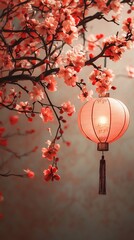 Wall Mural - Chinese paper lantern hanging from blooming cherry tree branch