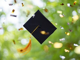 Aufkleber - A black graduation cap with tassel on top, surrounded by flying confetti.