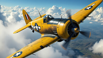 Leinwandbilder - Yellow military plane flying in sky.