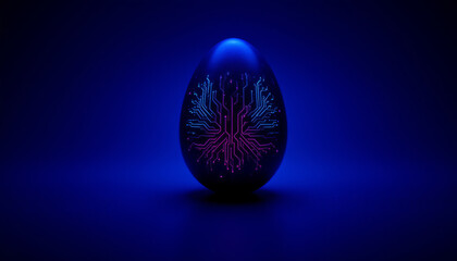 Poster - futuristic egg design featuring circuit pattern illuminated in vibrant blue and magenta hues