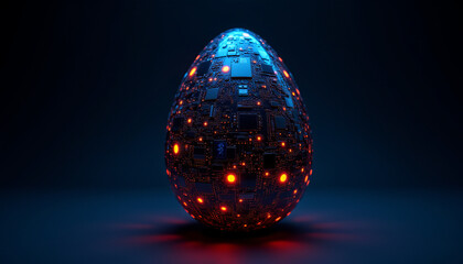 Poster - futuristic egg shaped object made of intricate circuit board designs, glowing with blue