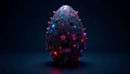 Poster - futuristic egg shaped circuit board with vibrant lights and intricate designs, showcasing