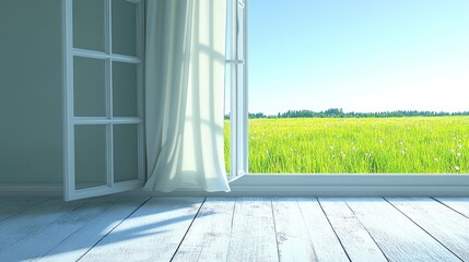 Wall Mural - Open window view to meadow, sunny skies, and fresh air